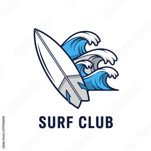 Stylized illustration of a surfboard in front of blue ocean waves. Text "SURF CLUB" below