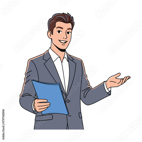 Illustration of a man in business attire, holding a blue document and gesturing with a hand