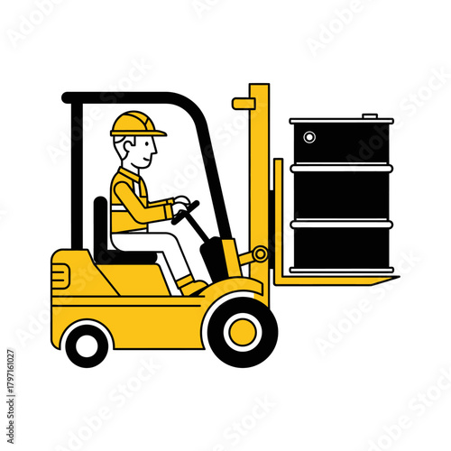 A yellow forklift, driven by a worker, carries two black barrels on a white background