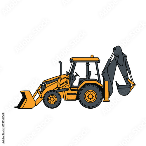 A yellow and grey construction vehicle, a backhoe loader, is illustrated on a white background