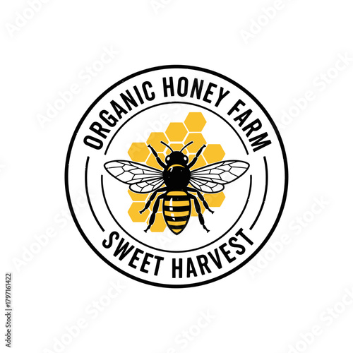 A circular illustration with a honeybee set against a honeycomb. Text encircles the design in black