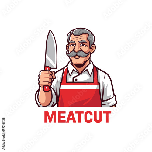 Cartoon butcher with grey hair and mustache holds a large knife, red apron