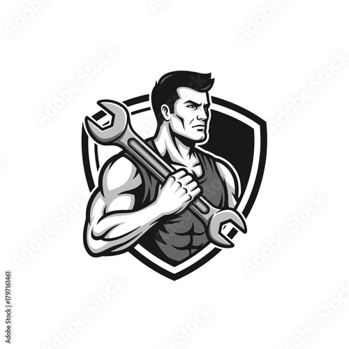 Black and white illustration of a muscular man holding a wrench inside a shield