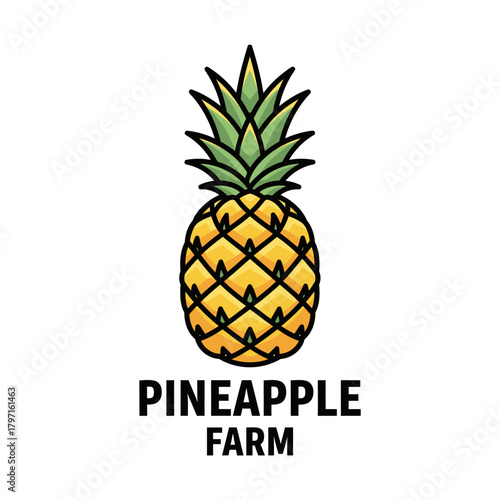 A cartoon pineapple illustration with green spiky leaves, yellow segments, and bold, black text below