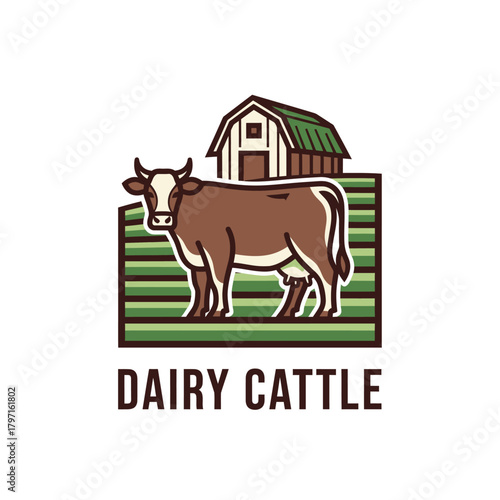 A stylized illustration features a brown cow standing in a green pasture with a barn in the background