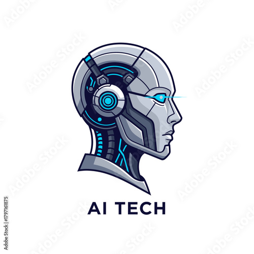 A robotic head profile, with neon highlights, symbolizing artificial intelligence, on a white background