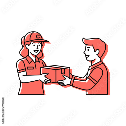 Stylized vector of a delivery person handing a package to a customer.  Simple, modern design