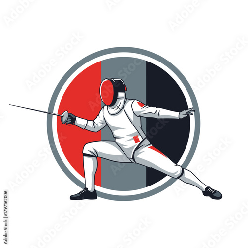 Illustration of a fencer in a protective suit and mask, holding a sword, inside a circle design