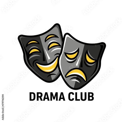 A logo design featuring two theatre masks, one smiling and one frowning, with "DRAMA CLUB" below