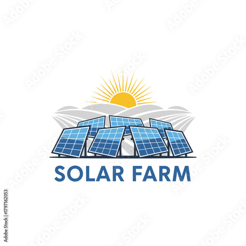 A solar farm logo featuring blue panels, a bright sun, and fields. Text at the bottom reads "SOLAR FARM.