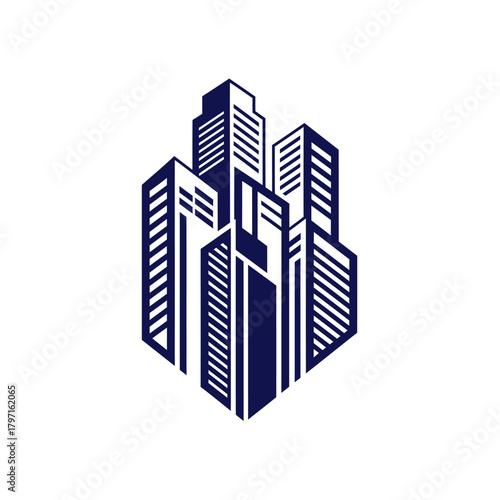 A geometric illustration of a cityscape. Dark blue high-rise buildings form a stylized cluster