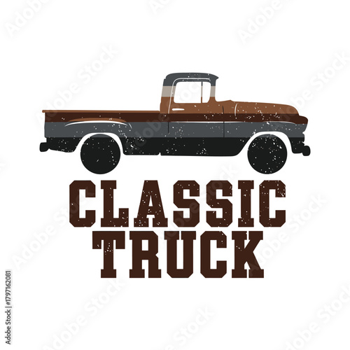 A vintage pickup truck graphic in brown, gray, and black, with the words "CLASSIC TRUCK" below