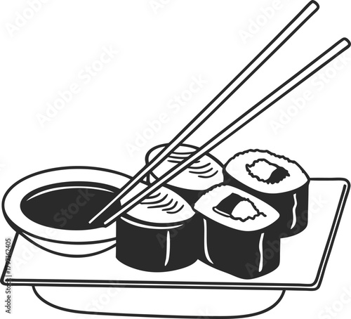 Sushi plate with soy sauce and chopsticks, a cuisine art