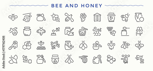 Bee And Honey icon set. Honey icon pack. Includes thin line symbols beeswax, wax, comb, bee, honeycomb, food and more.