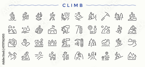 Climbing vector icon set. Set of line pictogram. It contains symbols to camping, adventure, activity, mountain, hiking. Pixel perfect. Vector illustration. Hiking icon set.