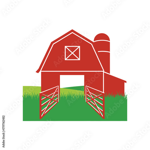 Illustration of a red barn with open gates and silo, set against a green field and white backdrop