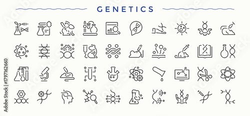 Genetic icon set. Biotech minimalist linear icons. Science icon set. Pixel perfect. Editable stroke.