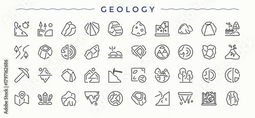 Geology icon set. Mining modern linear icons. Modern linear icons. Geography icon collection. Pictogram and infographic.