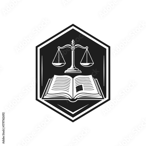 A stylized emblem features scales of justice atop an open book, set within a black geometric frame