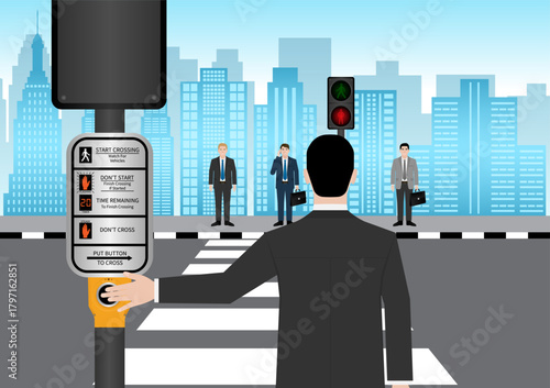 Businessman Pressing Crosswalk Button. Pedestrian Traffic Button. Vector Illustration.