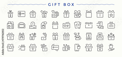Gift Box icon collection. Contains such symbols as celebrate, gifts, coupon, birthday, ribbon, packaging and more. Present vector icon set. Minimalist icons pack. Editable vector. Pixel perfect.