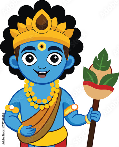 Cute little krishna holding a stick with leaves on top