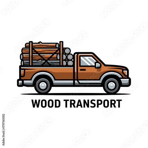 A cartoon-style illustration of an orange pickup truck transporting logs with the text "WOOD TRANSPORT