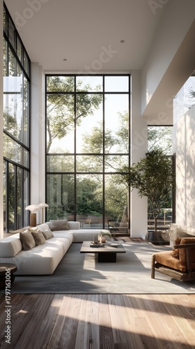 Modern Living Space With Large Windows Offers Natural Light and Beautiful Outdoor Views in a Cozy Setting