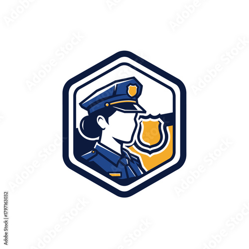 A policewoman's silhouette in profile wearing a hat and uniform within a badge shaped outline