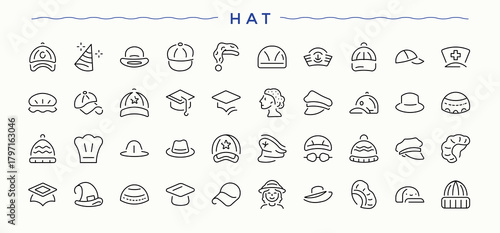 Hat modern icon set. Collection of simple line web icons. Editable stroke collections. Wear modern icon set. Contain linear sign illustration, cowboy, wear, man and more.