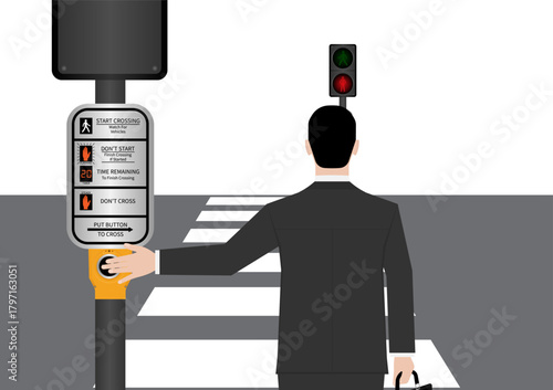 Businessman Pressing Crosswalk Button. Pedestrian Traffic Button. Vector Illustration.