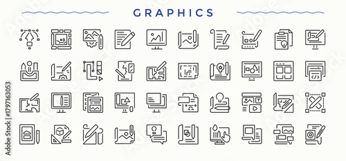 Graphic icon set in linear style. Thin web icons. Vector illustration in modern line style. Painting icon. Contain linear symbols art and design, brush, paint, art, artistic, creativity and more.