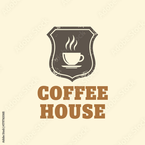 A vintage-style coffee house logo featuring a shield emblem with a steaming cup of coffee and the words "COFFEE HOUSE