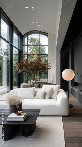 Modern Living Room With Large Windows and Stylish Furniture in a Serene Setting