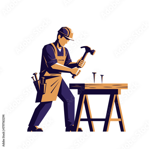 A carpenter, wearing a hardhat and apron, hammers a nail into a wooden plank
