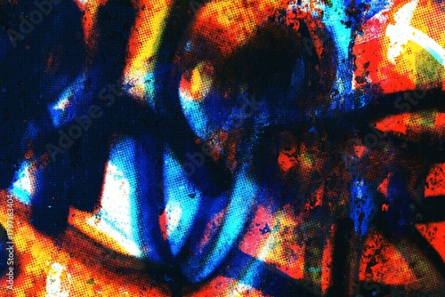 Vibrant graffiti art in neon blue, orange, black. Urban 90s street style, trippy textures, glow elements. Retro halftone grunge street art. Posters, digital art, background, summer visuals, web header