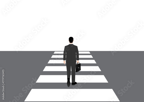 Businessman Walking across Crosswalk in the City. Crosswalk. Pedestrian Crossing Road. Zebra Crossing. Vector Illustration. 