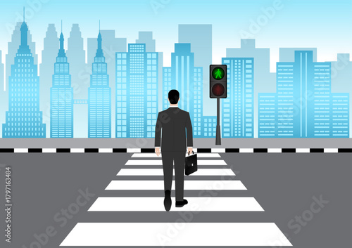 Businessman Walking across Crosswalk in the City. Crosswalk. Pedestrian Crossing Road. Zebra Crossing. Vector Illustration. 