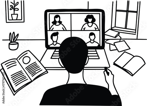 Person attending a video conference on a laptop