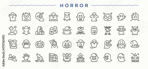 Horror icon. Thin icons set. Pixel perfect. Editable stroke. Holiday icon set. Contain linear sign pumpkin, grave, spider, witch, celebration, hat, magic and more.