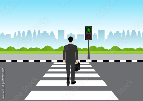Businessman Walking across Crosswalk in the City. Crosswalk. Pedestrian Crossing Road. Zebra Crossing. Vector Illustration. 