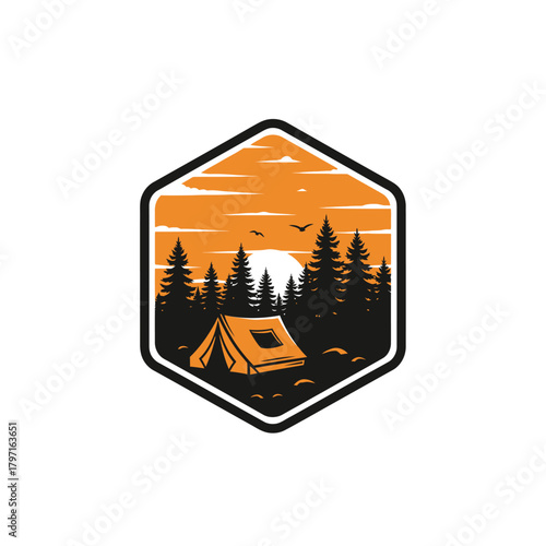Hexagonal emblem with a camping scene. Orange sunset, tent in foreground, trees, and birds