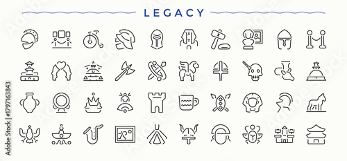 Legacy icon set. Icons for UI designs. Museum icon set in linear style. Containing culture, art, museum, antiques, historical and more.