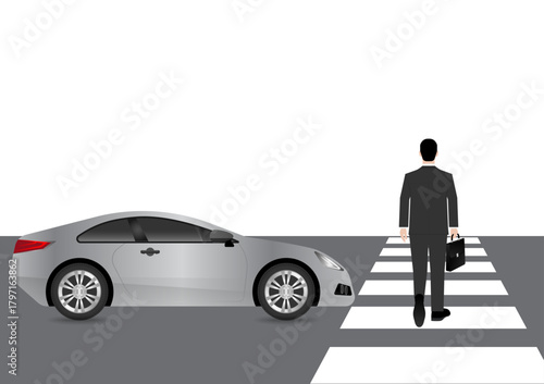 Businessman Walking across Crosswalk in the City. Crosswalk. Pedestrian Crossing Road. Zebra Crossing. Vector Illustration. 