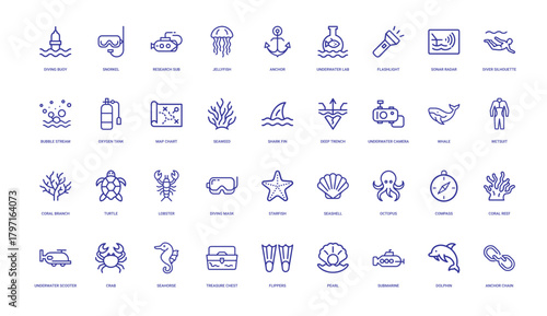 Underwater Exploration Vector Line Icon Collection, Ocean Life