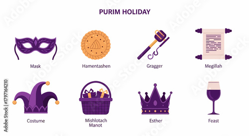 Eight icons illustrating items related to the Purim holiday in purple and orange hues