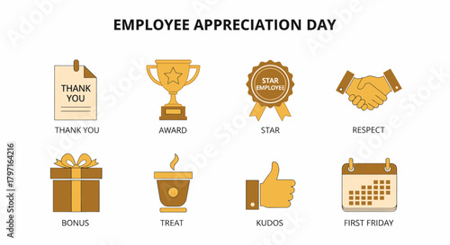 Eight icons illustrating Employee Appreciation Day concepts in brown and tan