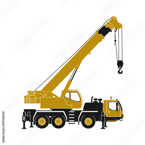 A side view of a construction vehicle with a crane boom extended to the top right