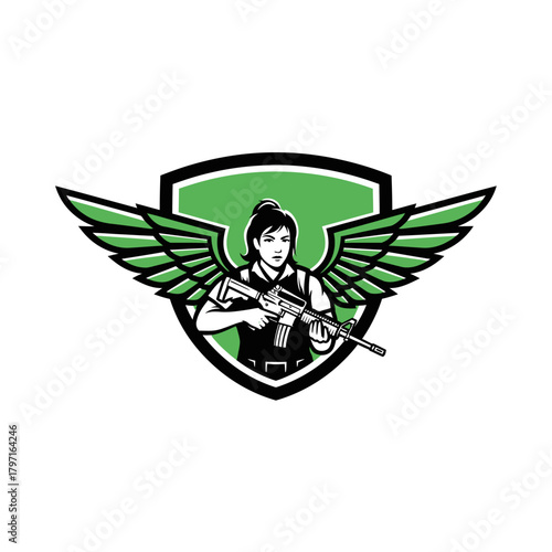 A fierce female figure with wings, holding a rifle, centered within a shield