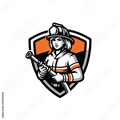 A female firefighter in uniform holding a water hose, set against a shield backdrop